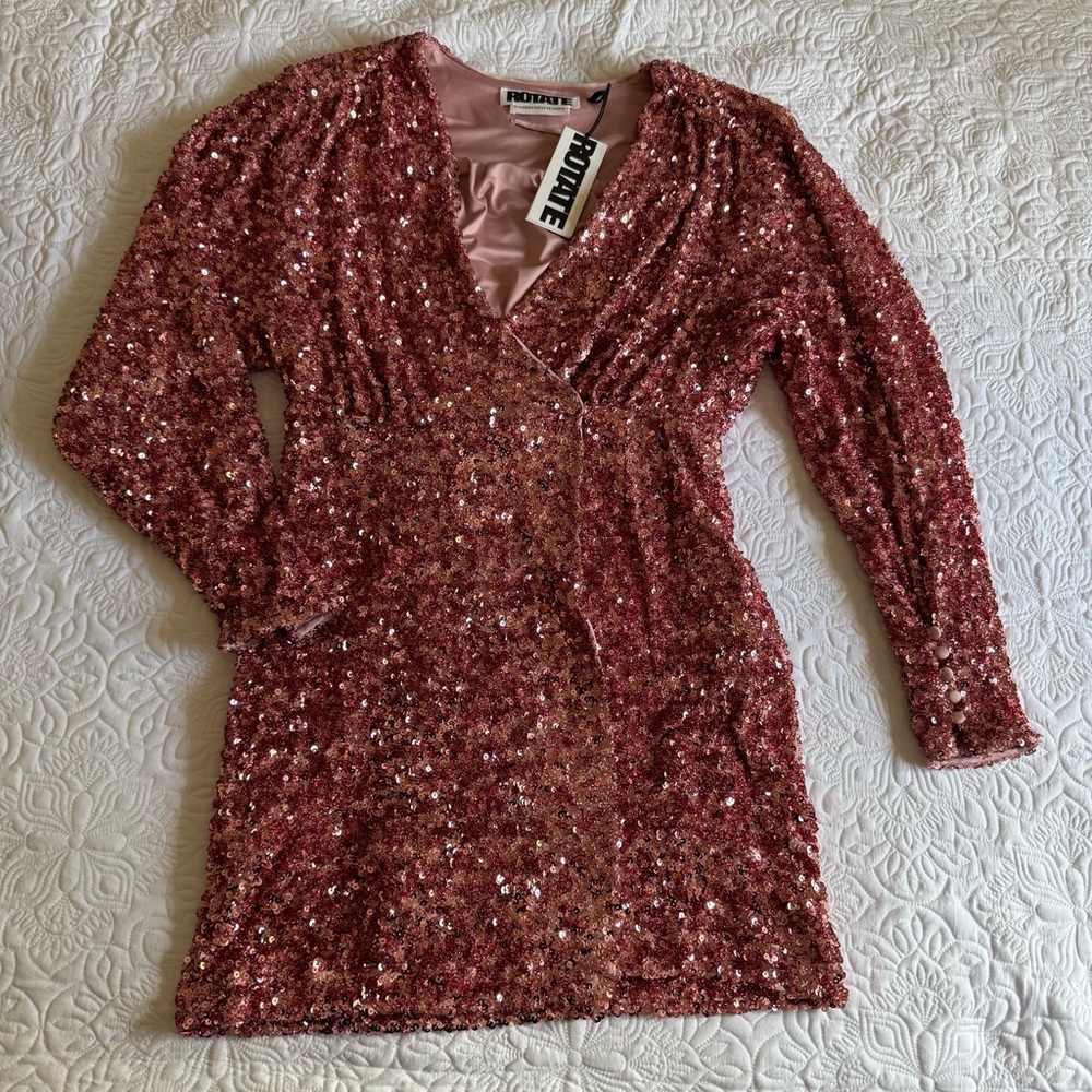 NWT Rotate Birger Christensen Pink Sequin Mini Dress Long Sleeve Cocktail